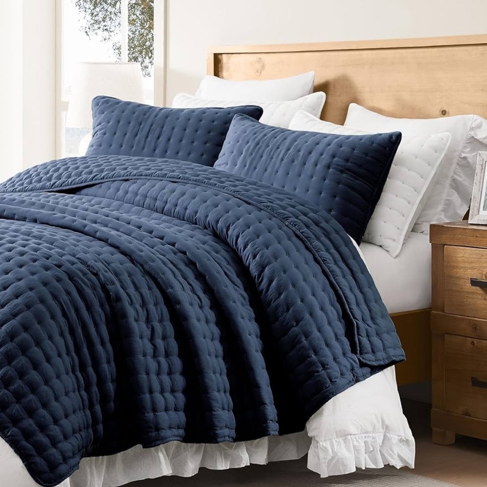 🆕 PB Style King Quilt Set Tufted Classic Navy Blue 3 piece Set